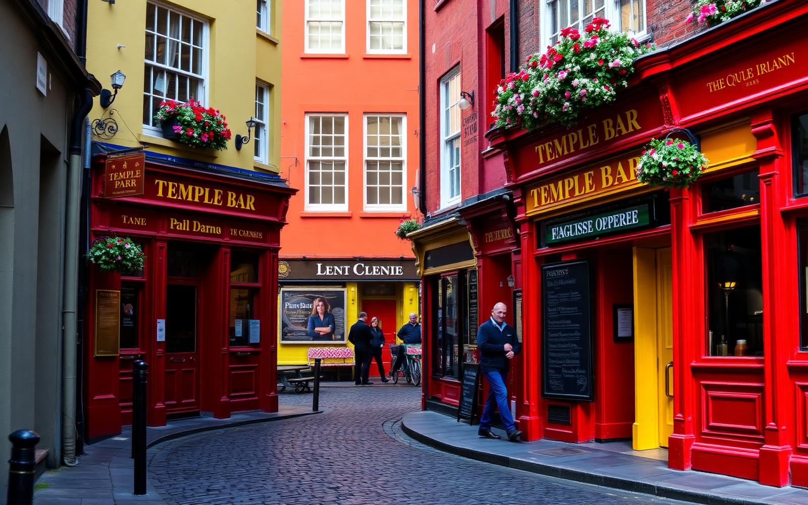 Rua colorida no bairro Temple Bar, em Dublin